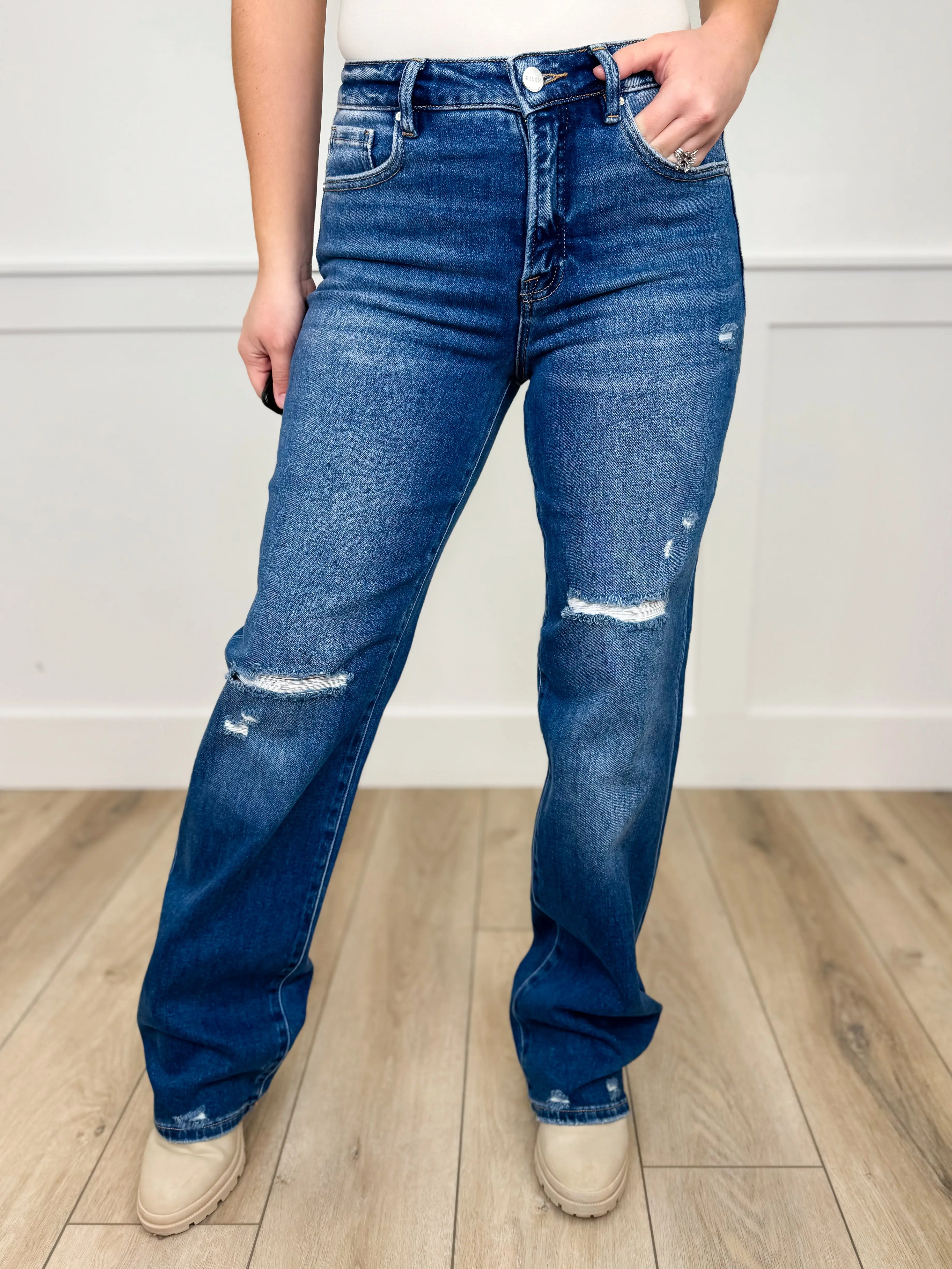 Women's High Rise Straight Leg Jeans with Tummy Control Built-in Panel, Dark Wash Distressed Cotton Blend Denim, Bottoms, Fabric, Polyester, Light, Minimalist