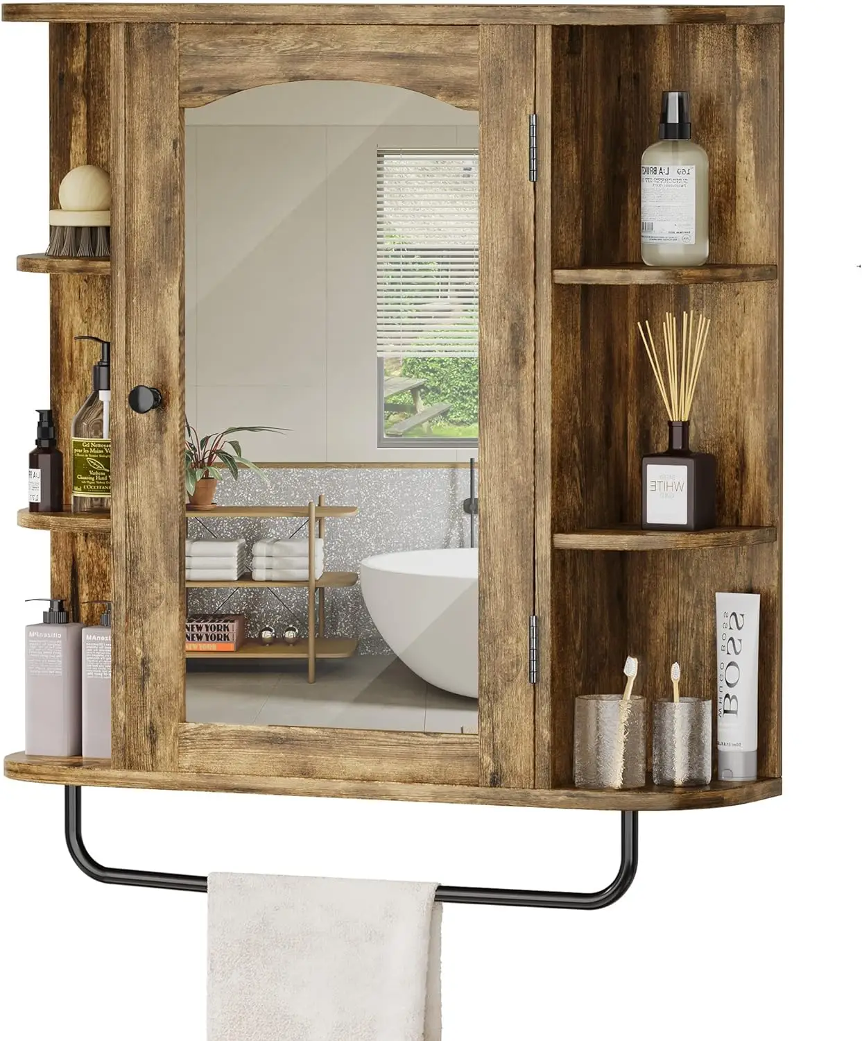 Yitahome Bathroom Cabinet Medicine Cabinet Organizer, Wall Mounted, with Mirror Door and Removable Shelf for Bathroom Living Room Laundry, Brown