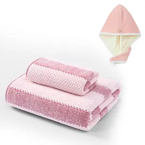 SN Coral Fleece Pineapple-Texture 3-Piece Set (Pink) | Bath Towel + Hand Towel + Hair Drying Cap | Quick-Drying & Highly Absorbent | An Essential for Home, Gym, Swimming, and Travel