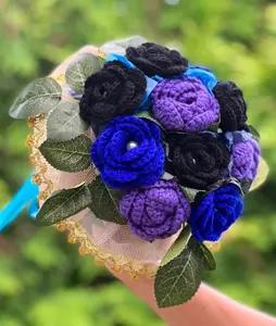 Handmade Crochet Rose Bouquet - Blue, Violet & Black | Unique Knitted Flowers for Home Decor