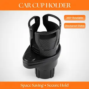 2-in-1 Rotating Car Cup Holder Carbon Fiber Black - Double Layer Expandable Drink Holder with Extra Storage Tray, Universal Fit Most Vehicles