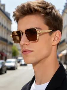 Vintage Steam Punk Square Fashion Glasses, Metal Full Frame Anti-Glare PC Lenses, Unisex Party Driving Costume Eyewear, Trendy Casual Sunglasses