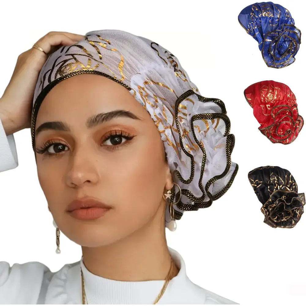 Women's 4pcs Elegant Lace Stretchy Head Scarves - Ruffled Edges Hijab, Ramadan Chemo Headwear, All Seasons Cancer Patient Gifts