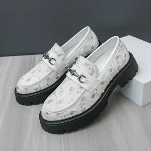 Men's Slip-On Loafers with Decorative Buckle - Upper & Rubber Sole, Low-Top White Casual Shoes for Nightclub, Office, or Casual Attire, Dressy Shoes, Embellished Sole, Durable Traction Footwear Boy Flat