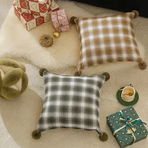 MOCOFO Christmas Throw Pillow Cover - Cotton Festive Plaid with Pom Poms