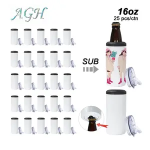 AGH 16oz 4-in-1 Sublimation Can Cooler with Opener Beer Mug Double Wall Insulated Plastic Straw Travel Mug 16 oz Cups with Lid Bottle Containers