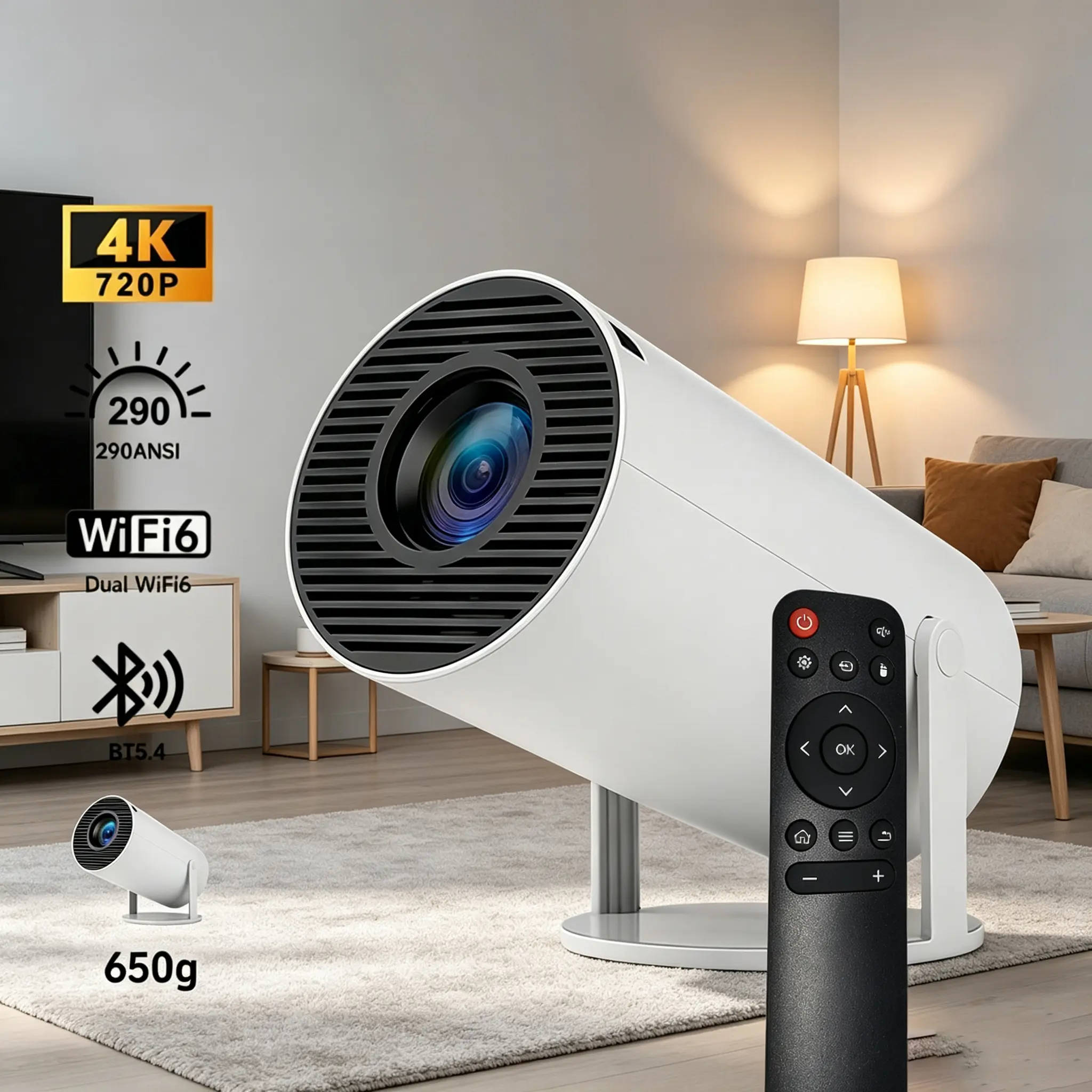 Mini Portable Tabletop Pico Smart Home Cinema Projector - 720P Full HD LED, 290 ANSI Lumens, Bluetooth 5.4, WiFi, Android OS, Auto Keystone, 180° Rotatable, 130" Screen, Built-In Speaker, Remote Control, Mount Compatible for Gaming & Small Spaces, Essenti