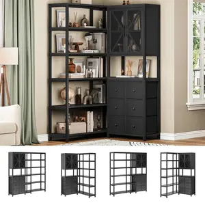 Sikaic 6 Tier Industrial Convertible L Shaped Corner Bookshelf with 6 Fabric Drawers Storage Bookcase Furniture Living Room Organization Organize Organizing Adjustable