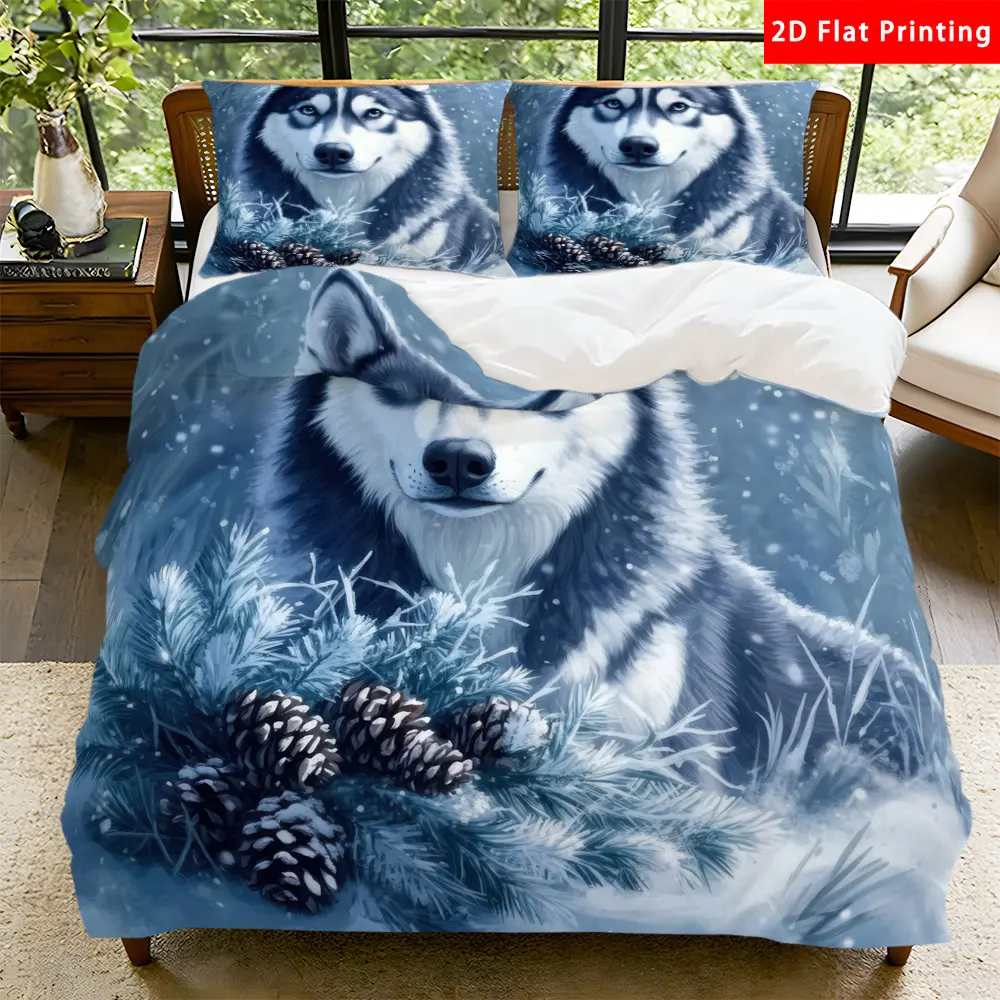 2/3 Pcs 2D Flat Winter Siberian Husky Duvet Cover Set Snowy Forest Bedding Set Quilt Cover 1 Duvet Cover + 1/2 Pillowcases Pinecone Decorative Bedding Bedroom Decor