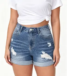 Womens Jean Shorts High Waisted Stretchy Buttoned Folded Hem Denim Shorts