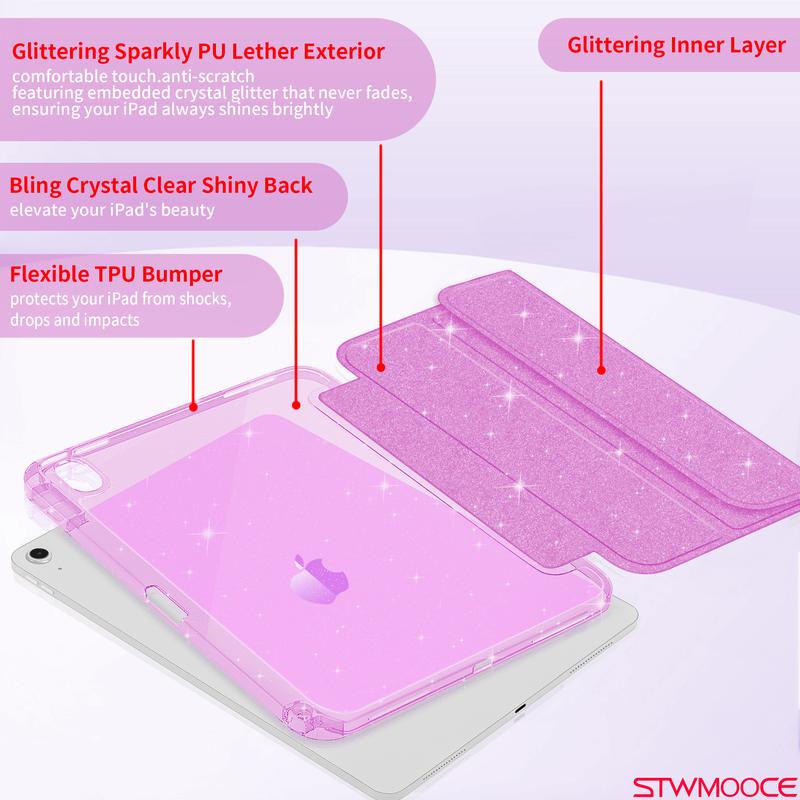 STWMOOCE iPad Case for 11-inch A16, 10.9-inch 10th Gen, Air4/5th, Air M2/M3, Pro 3/4/5th, Pro M4/M5, 12.9/11/13-inch M4/M5 - Glitter Cover with Sparkly Clear Transparent Casing, Pink PU Leather, Colorful Protective Tablet Case