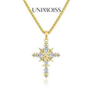 UniMoiss Moissanite 2.3ct Luminous North Star Cross Pendant Necklace Silver-Plated Wedding Engagement Anniversary Valentine's Day Birthday Gift Daily Wear Jewelry