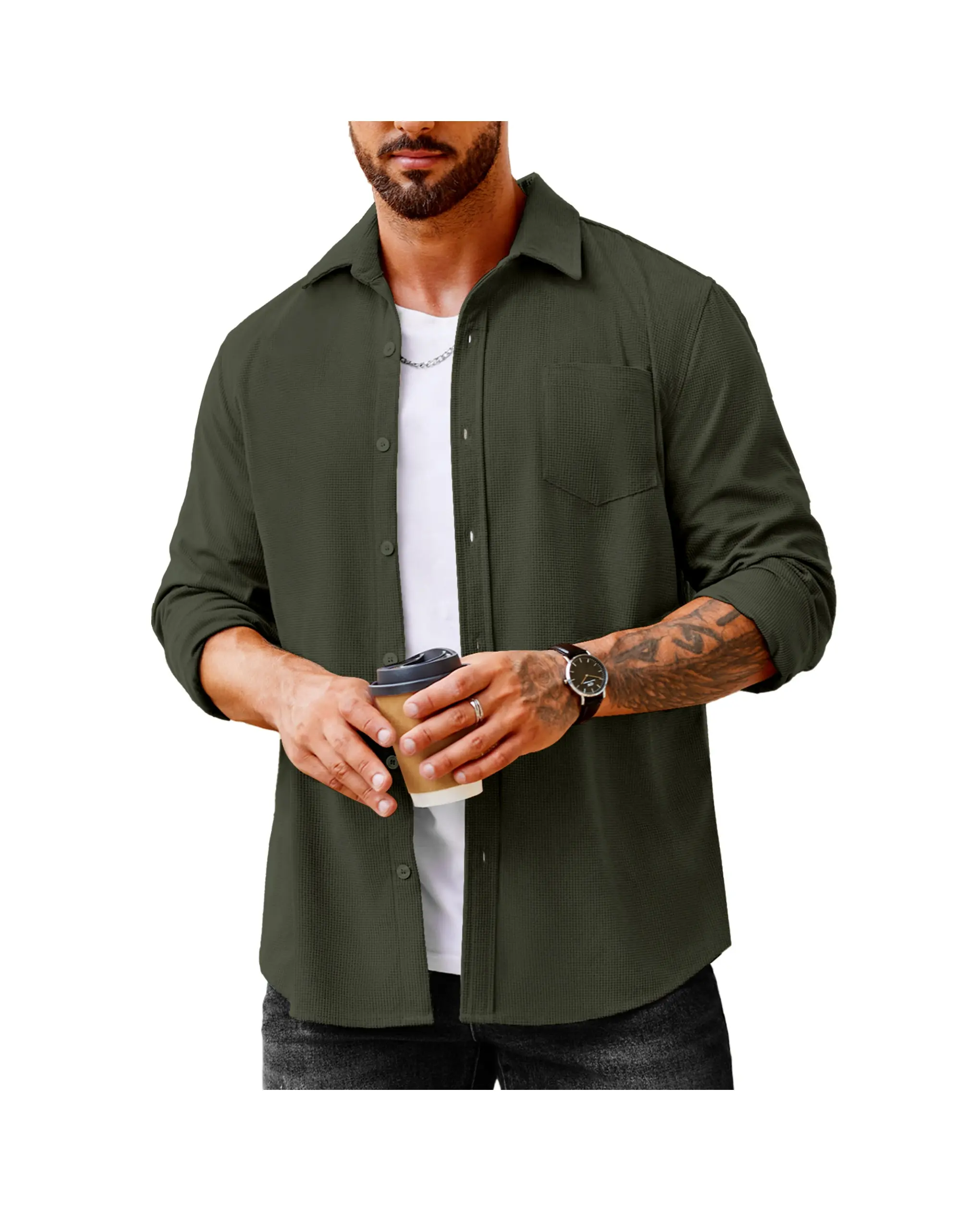 COOFANDY Men's Waffle Button Down Shirts Casual Long Sleeve Shacket Jacket with Pockets Gift Ideas