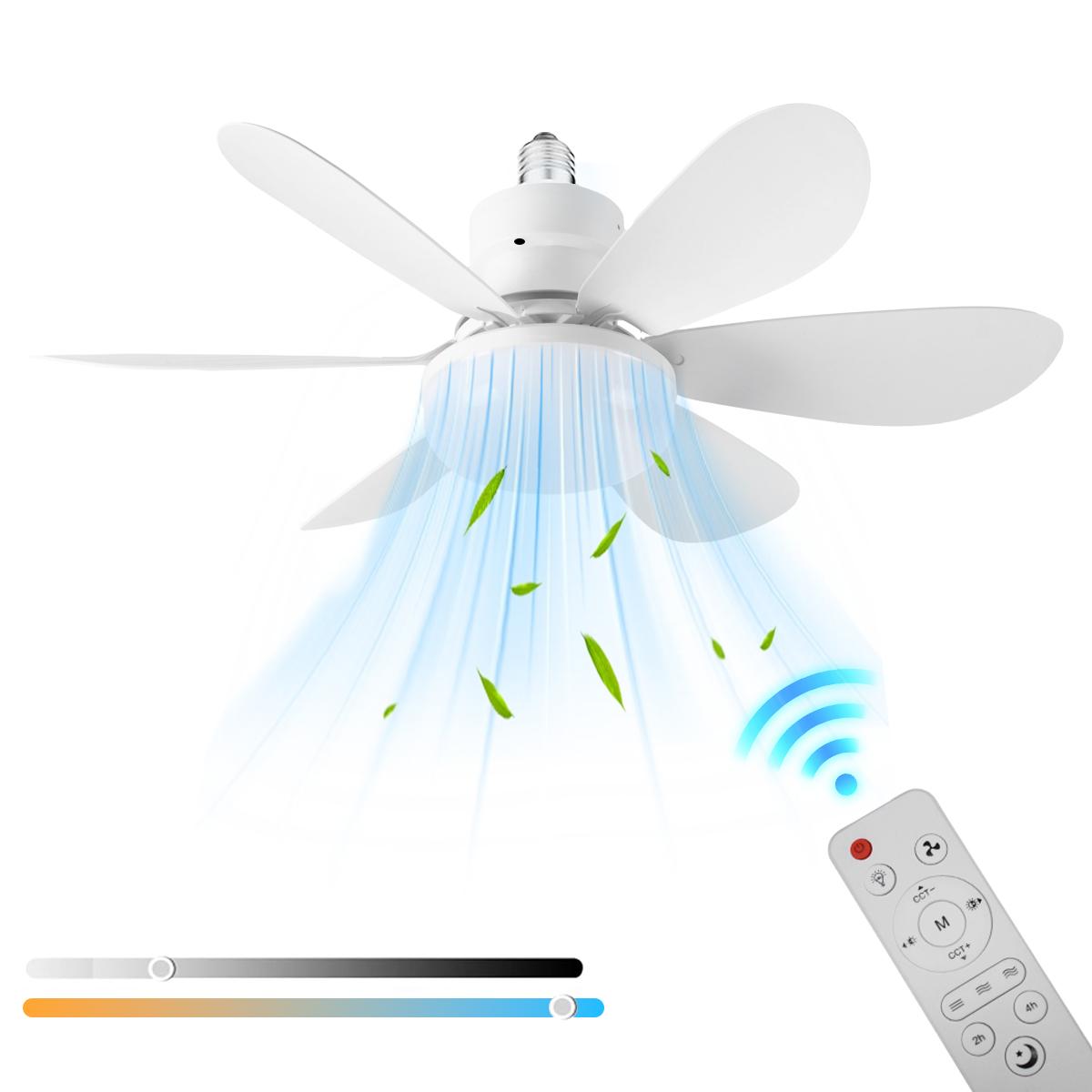 Portable Socket Fan Light with Remote & Intelligent Mobile Phone Control, E27 Ceiling Fan with 3 Lighting Modes for Bedroom, Kitchen, Living Room & Baby Room