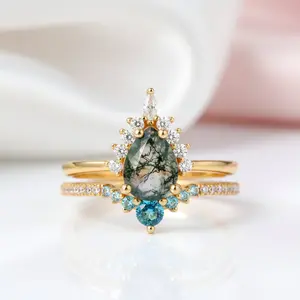 Yellow Gold Pear-cut Natural Moss Agate Vintage Inspired Wedding Rings