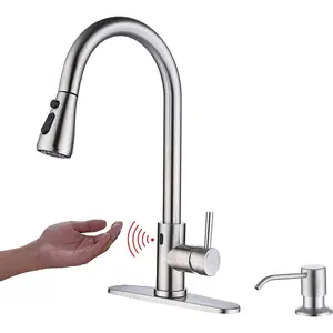 Touchless faucet with pull down sprayer motion sensor soap dispenser single high arc pull out faucet for kitchen sink rv brush nickel