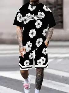Men's Summer Trendy Sports Two-Piece Set, Activewear Set, Floral Print Breathable Polyester, Sporty Round Neck Short Sleeve T-Shirt & Drawstring Shorts