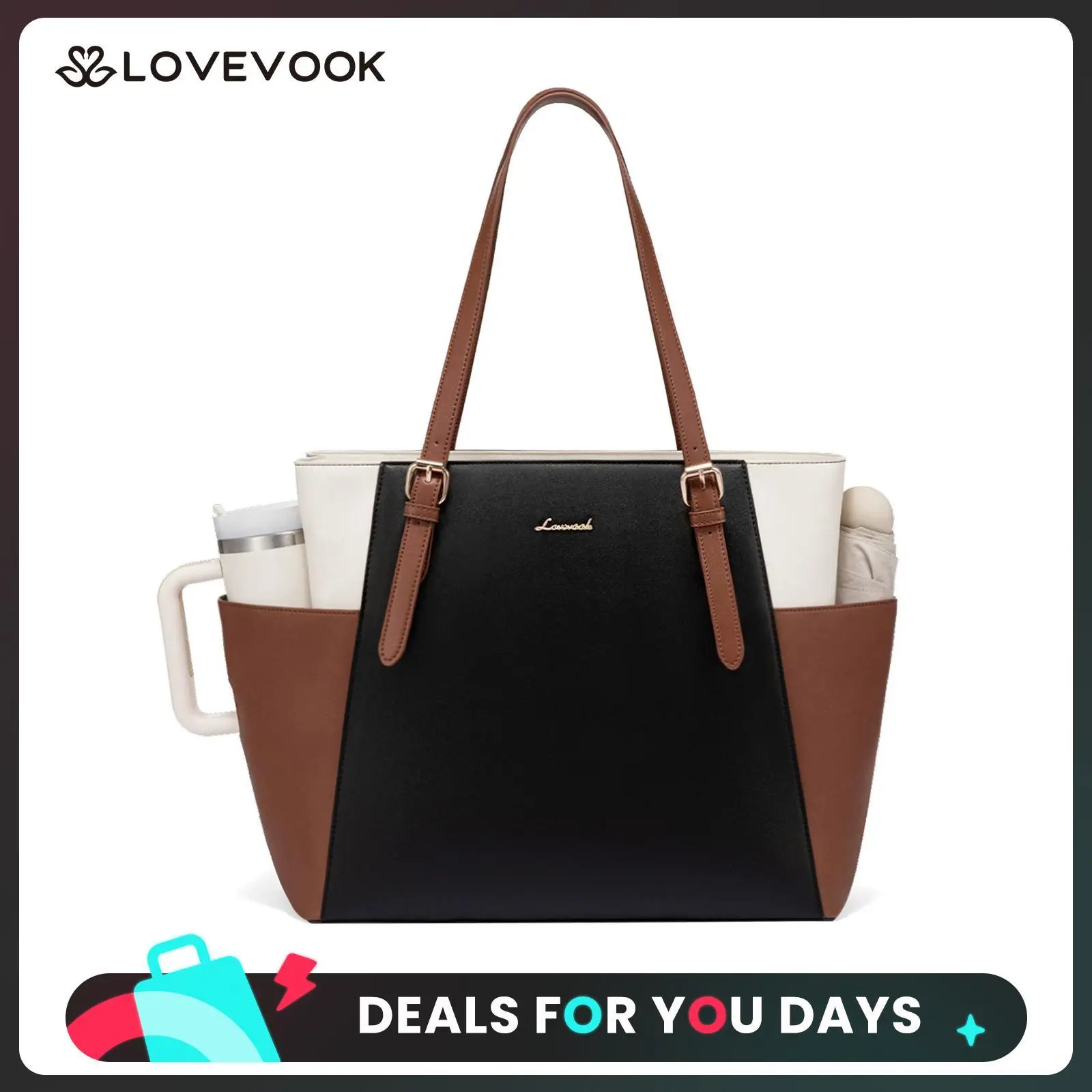 LOVEVOOK Work Tote for Women with Large Cup Holder, Multiple Pockets, Adjustable Shoulder Straps – 15.6-Inch Laptop and Tablet Compartment, Practical Chic Commuter and Travel Briefcase, PU Leather Multiplepockets Cupholder
