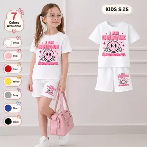 Girls' Smiley Face Graphic Short-Sleeve T-Shirt And Shorts Set, Casual Summer Two-Piece Outfit With Crew Neck Top And Comfortable Shorts For School, Travel And Daily Wear