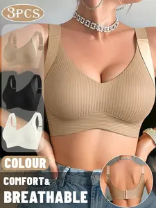 Women's 3 Pcs Wide Strap Push Up Everyday Bra, Breathable Comfort Strong Support Underwear, Side Smoothing Seamless Beautiful Back Bra