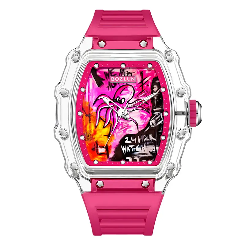 BOZLUN Co-Branded Trendy Square Dial Watch - Fully Automatic Mechanical Analog Watch, Acrylic Case, Silicone Strap, Skeleton Display, Trendy Watch
