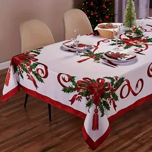 EastJia 1pc Rectangle Festive Tablecloth - Poinsettia and Holly Pattern, Smooth, Durable, Easy to Clean, Glam Decorative Props for Holiday Dining, Wall & Home Decor, Machine-Made