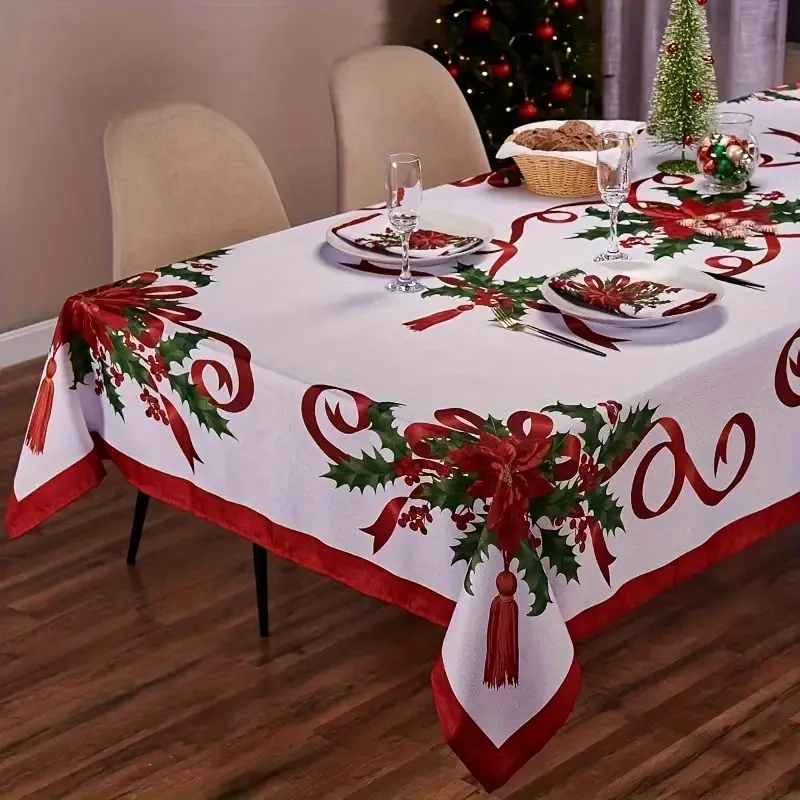 EastJia 1pc Rectangle Poinsettia & Holly Pattern Festive Tablecloth - Smooth, Durable, Easy to Clean, Glam Decor for Holiday Dining, Sofa Accent, Machine-Made Home Supplies