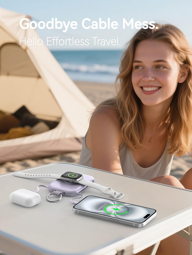 RORRY Mini Portable Power Bank 5000mAh USB Type-C Charger with Built-in Cable & Keychain for Apple Watch iPhone 17-12 Series Compact Travel-Friendly Design PerfectGift