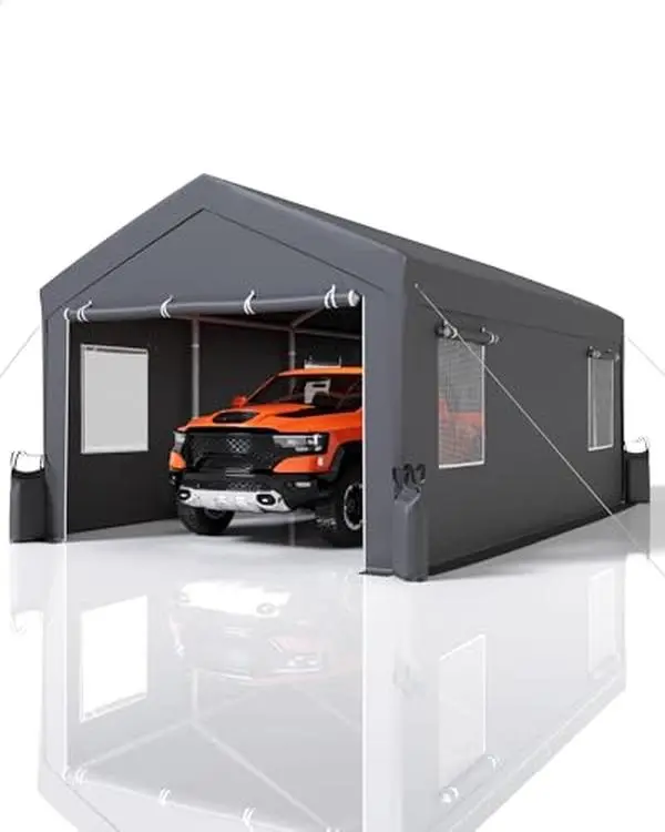 Gaomon Heavy-Duty Carport - 13ftx20ft, 200g All-Weather PE Tarpaulin, Reinforced Steel Frame, Roll-Up Doors, Mesh Windows, 2-Box Set Portable Garage for Full-Size Pickup Trucks, Silver Gray, Two-Box Set