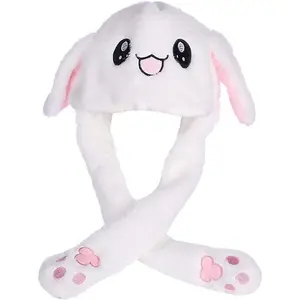 F-HDW33  Funny Plush Bunny Moving/Jumping Rabbit Cute Unisex Animal Ear Flap Hat with Paws for Women Girls, White, One Size