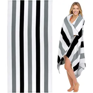 Large Oversized Beach Towel - Microfiber Sand Free 35 x 70 Inch Quick Dry Lightweight Pool Towel for Adults, Thin Striped Swim Towel (Black)