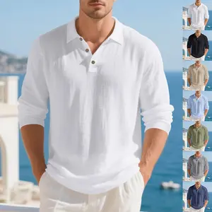 New Linen Men's Long-sleeved Polo Shirt Loose T-shirt