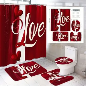 1/4pcsRomantic Valentine's Day Bathroom Set with 'Love' Cursive Red White Waterproof Shower Curtain, Heart Accents Bath Mats & Toilet Seat Cover - Perfect Love Theme Home Decor for Couples