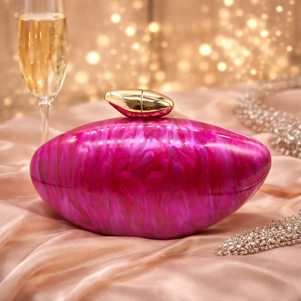 Women's Elegant Pearlescent Shell Acrylic Clutch - Marble Finish Acrylic Material Evening Bag with Detachable Chain, Party Crossbody for Wedding, Party