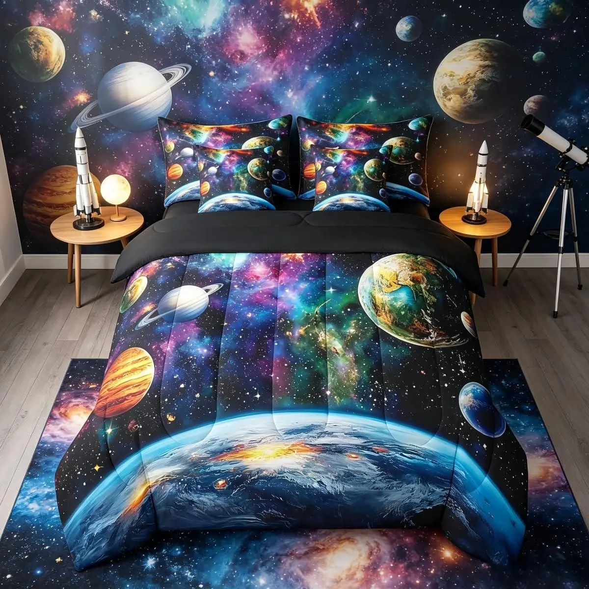 Feelyou 7-Piece Outer Space Theme Bedding Set - Galaxy Print Comforter with Sheets, Earth Planets Nebula Design, Breathable Fabric, Cosmic Style for Bedroom Decor
