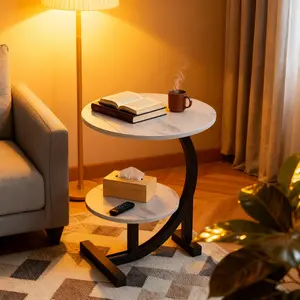 Luxury Marble-patterned Side Table with Storage Shelves Black Metal Durable Frame for Home Living Room Outdoor & Indoor Furniture Modern Design Sturdy Base