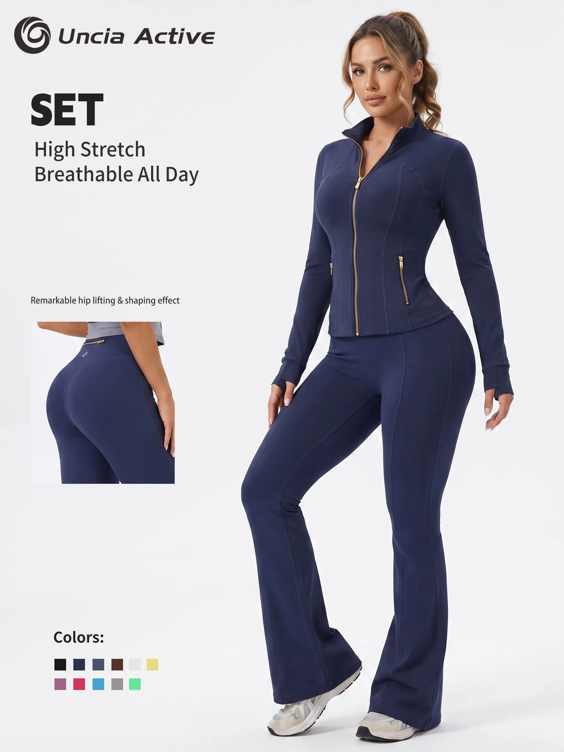 Uncia Active Women's Full-Zip Stand Collar Yoga Jacket - Slim Fit, High-Stretch Moisture-Wicking Fabric, Thumb-Hole Cuffs, Golden Zipper, Secure Zip Pockets for Yoga, Gym & Outdoor Training