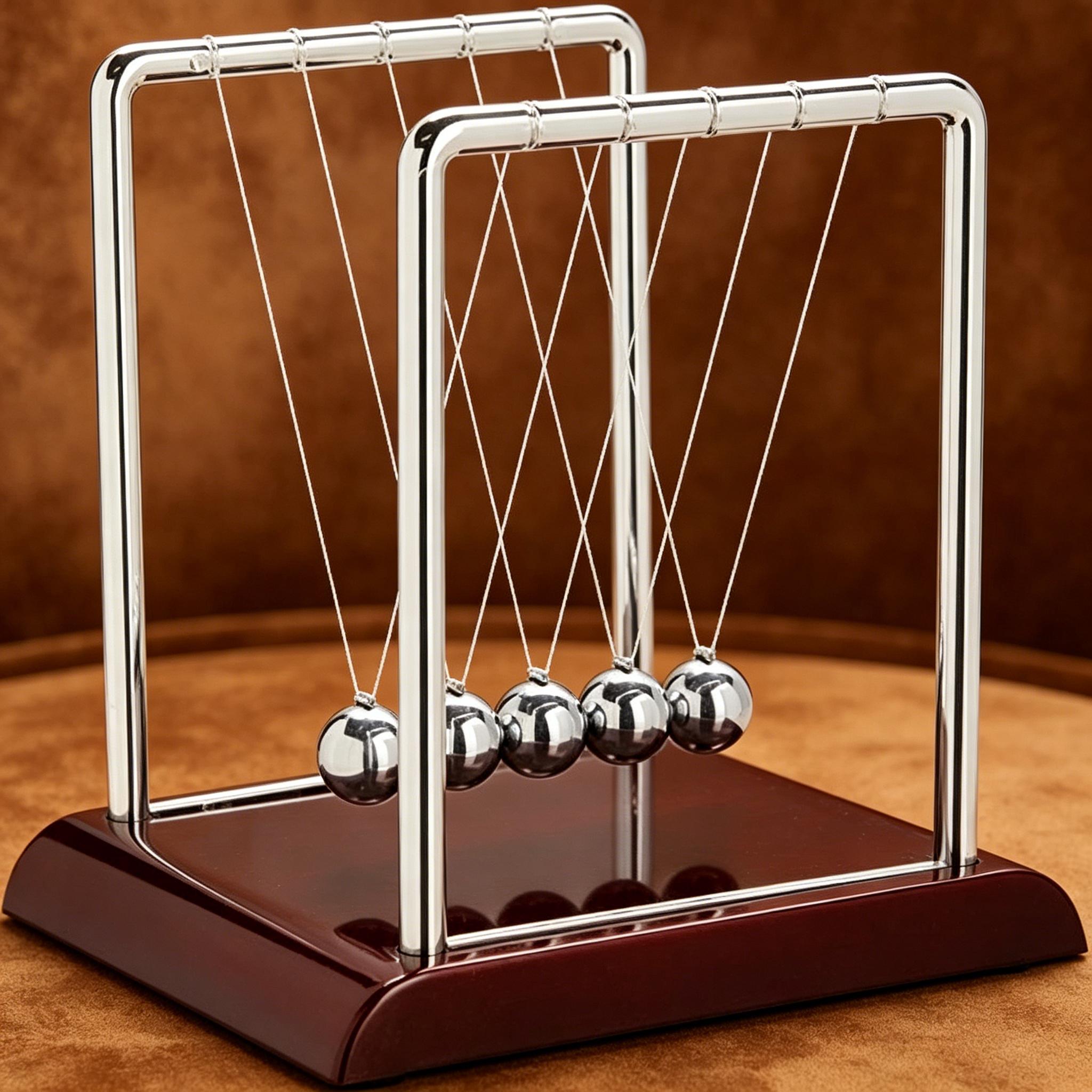 Newton's Cradle Pendulum 7x6x7 in Silver Stainless Steel, Desk Decor Stress Relief Toy, Physics Science Teacher Gift