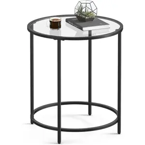 Round Side Table, Glass End Table with Metal Frame, Black Coffee Table with Modern Style, for Living Room, Balcony, Bedroom, Black