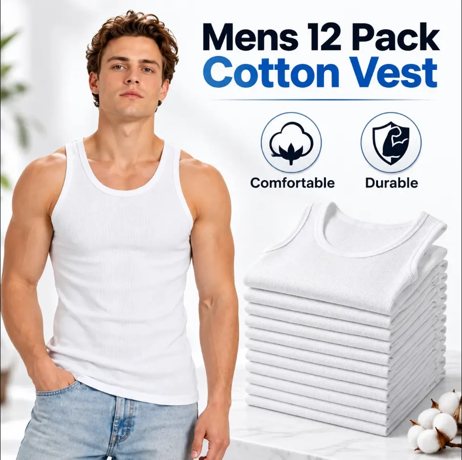 Men's 12-Pack Breathable White Cotton Ribbed Sleeveless Tank Top Undershirts, Stretch-Fit A-Shirts for Gym & Everyday Wear, Sizes S-3XL, Breathable Men's Undershirts