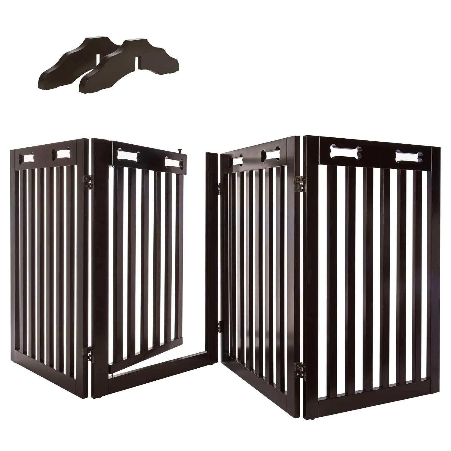 Arf Pets Freestanding Dog Gate with Door, 4 Panel 360 configurable Wooden Fence, 80" Wide, 31.5" High, Set of Foot Supporters Included, For Indoor Use