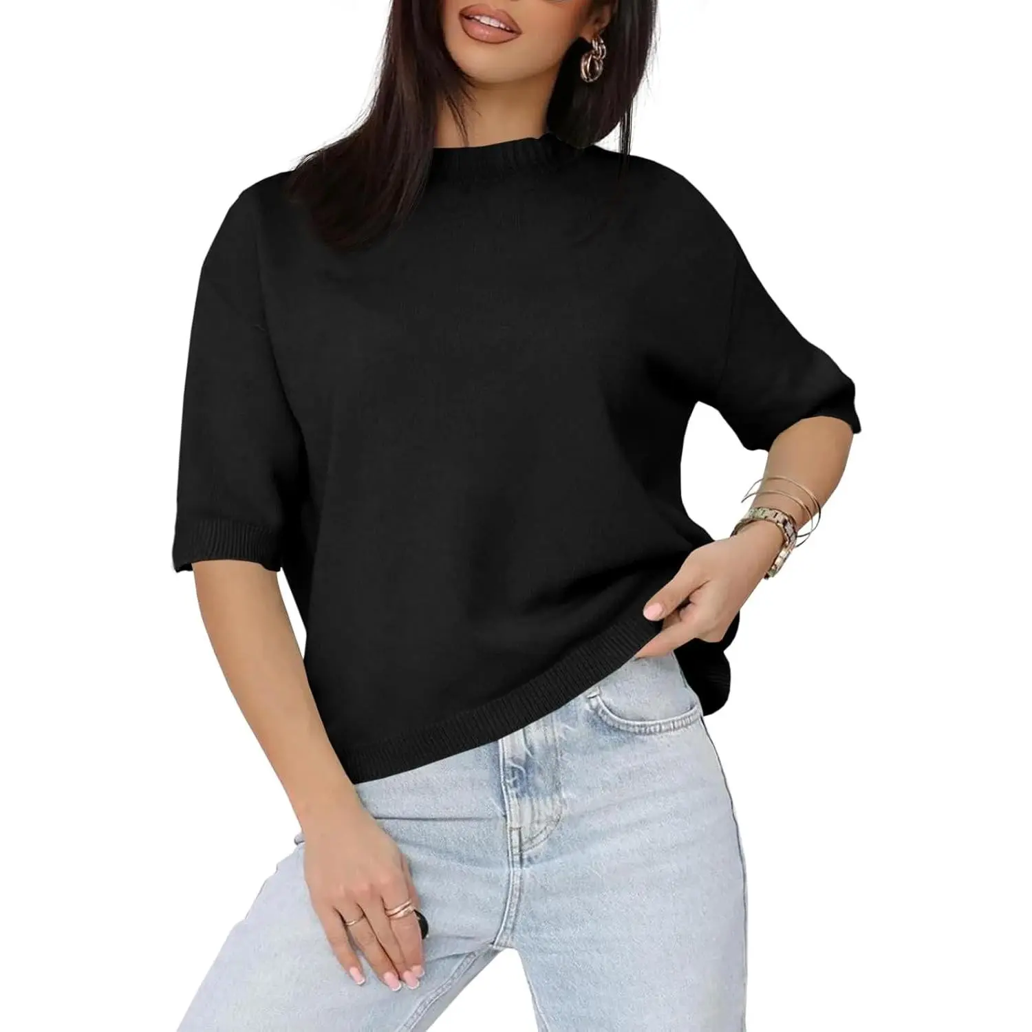 Aoysky Women's Short-Sleeve Round Neck Knit Pullover Sweater - 2026 Lightweight Loose Basic Clothes, Dressy Casual Outfits for Summer (Women's Knitwear), Loose-Fitting Women's Pullovers, Knitted Women's Pullovers