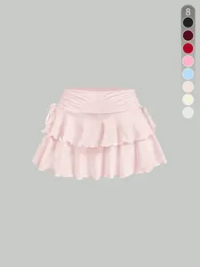 Women's Solid Color Ruffle Trim Tie Side Skirt, Fashion Casual Short Skirt for Daily Outdoor Wear, Ladies Bottoms for Summer