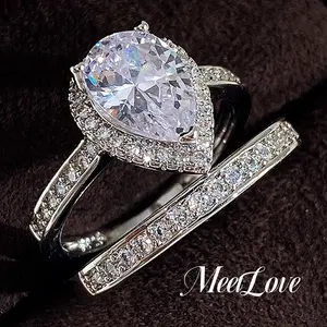Pear Shaped Synthetic Moissanite and Crystal Engagement Ring Set - Perfect Gift for Girlfriend or Wife Size  6 7 8 9 10