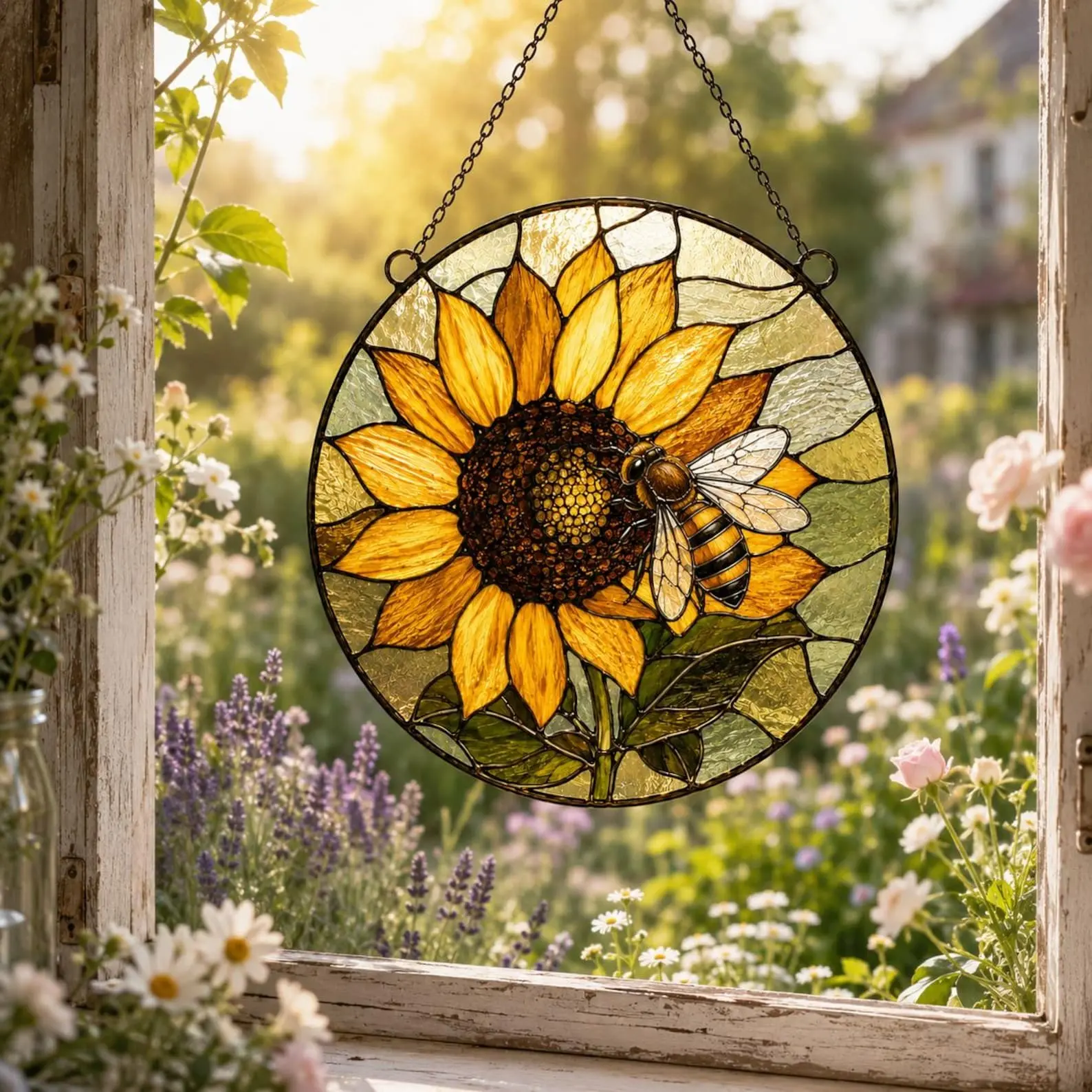 Sunflower Bee Stained Glass Suncatcher, Round Floral Window Hanging, Cottagecore Garden Decor, Honey Bee Gift for Mom, Garden Lover Gift