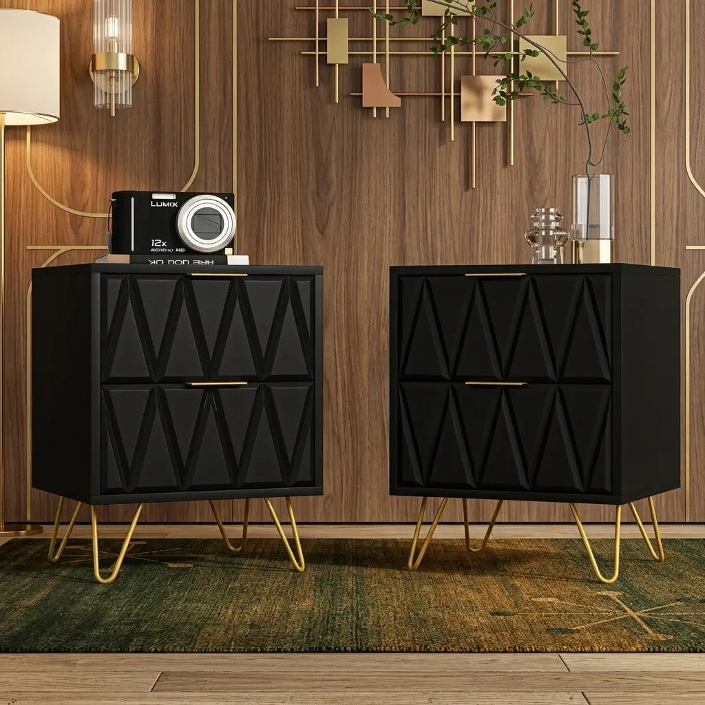 2-Piece Assembled Modern Bedside Tables - 2-Drawer Nightstands with Elegant Carved Design, Gold Metal Legs, Minimalist Decluttering, Storage Organization, Clean Look, Nightstand Decor for Pinterest Bedroom
