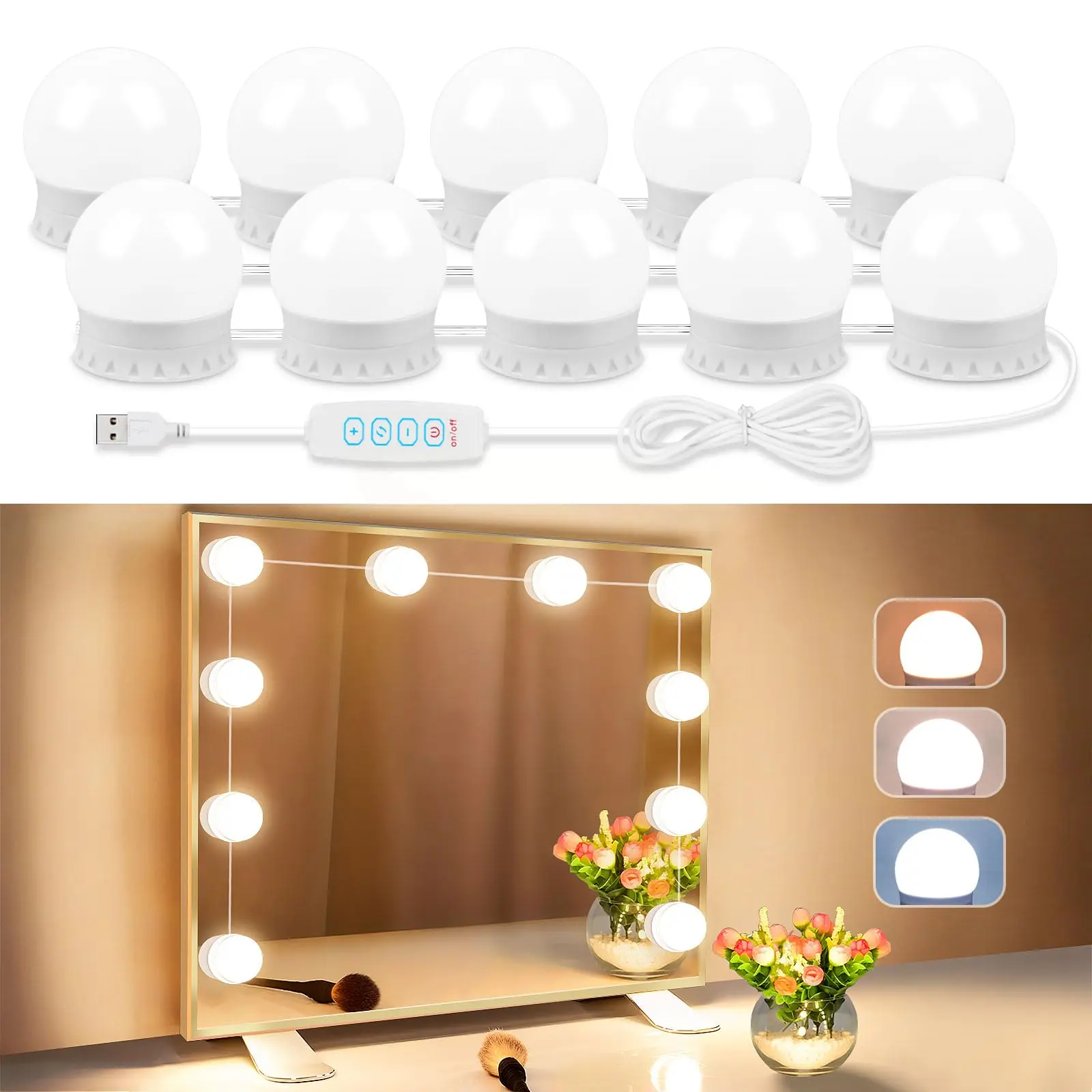 Defvnsy USB-Powered LED Vanity Mirror Lights, Adhesive Tape Self-Adhesive Stick-On Lights with 10 Dimmable Bulbs, 3000K-4000K-6500K Color & 10-Level Brightness Adjustable for Makeup, Car Decorating