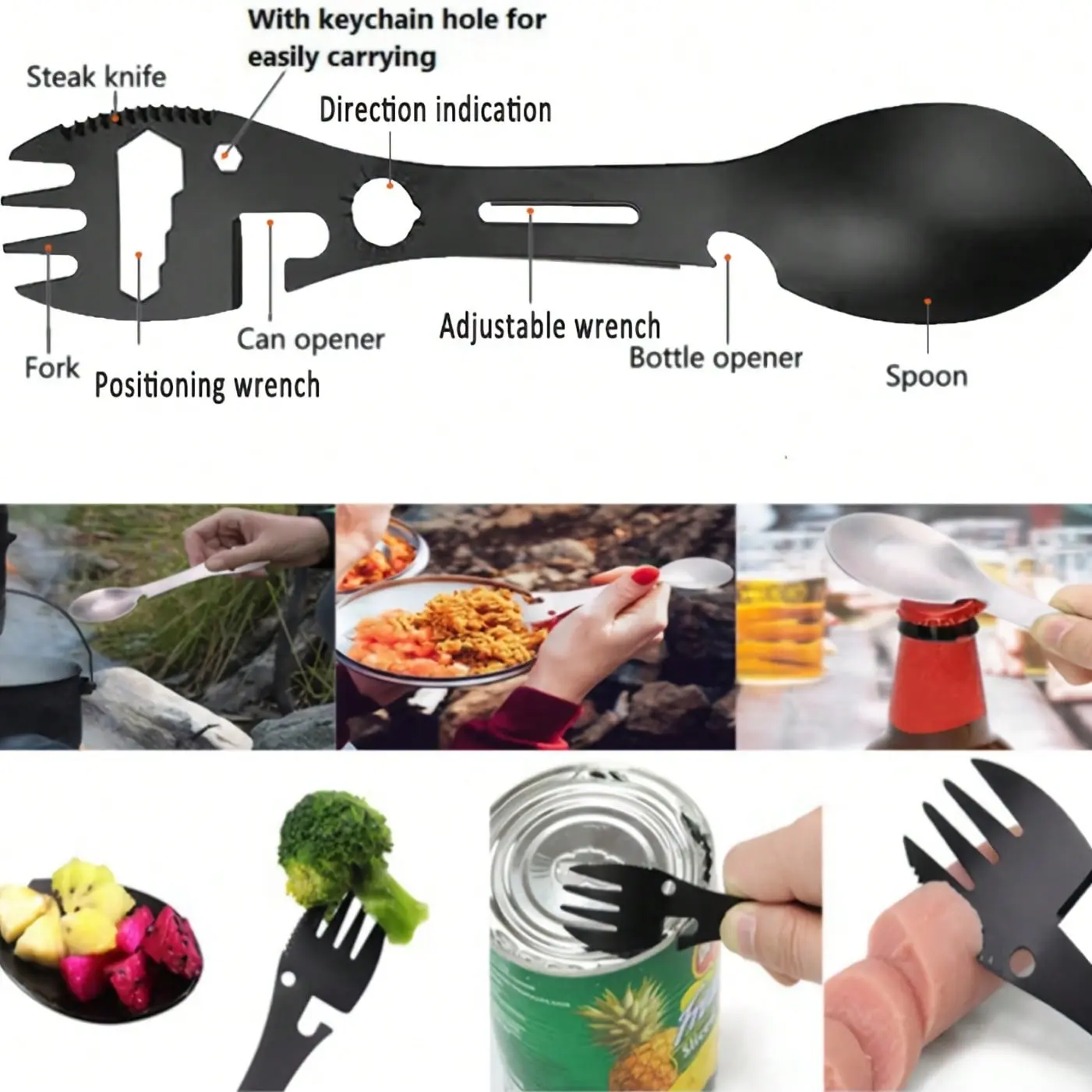 Multifunctional Outdoor Fork Spoon Detachable Tableware, Multitool Camping Spoon Fork 5 in 1 Camping Utensil Tool Stainless Steel Camping Spoon with Opener Portable Backpacking Eating Utensil Outdoor Multi Function Spoon Fork Opener 10-In-1 Utility Tactic