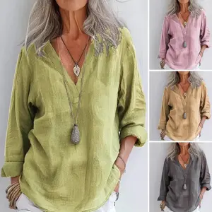 Solid Casual Loose Shirts Women Summer Vintage Plus Size Tops Oversized T-Shirts Fashion Cotton Linen Long Sleeve Blouses