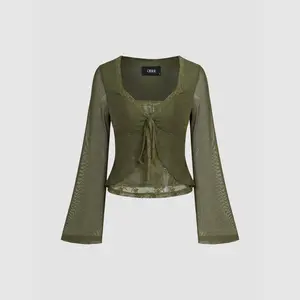 Cider [size 2-26] V-neck Solid Lace Trim Knotted Lettuce Trim Long Sleeve Top